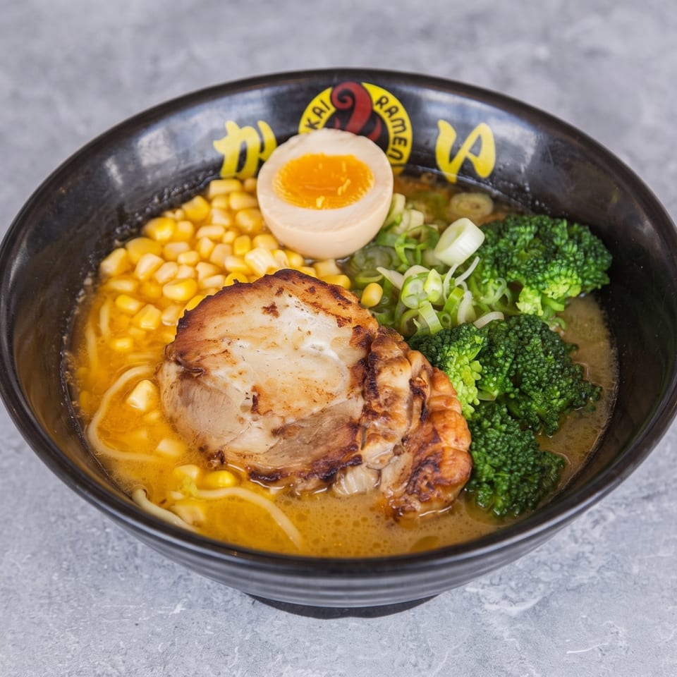 A bowl of ramen with pork, corn, broccoli, green onions, and a soft-boiled egg.