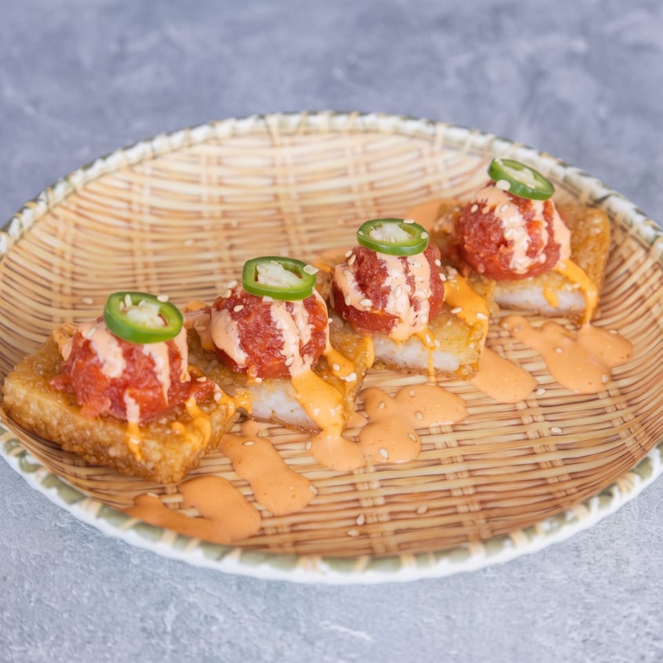 Four pieces of spicy tuna on crispy rice, drizzled with sauce and topped with jalapeño slices.
