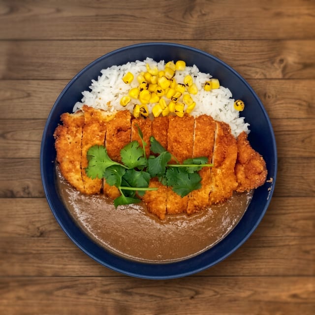 Chicken Cutlet Curry Over Rice Bowl.